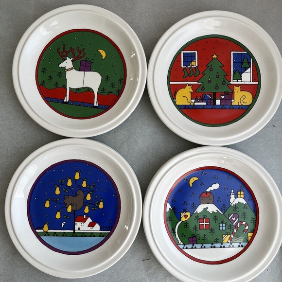 Houze Christmas Plates Set of 8 Dessert Salad Staffordshire England Vtg Retro
